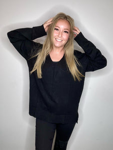 Black Deep V Ribbed Sweater