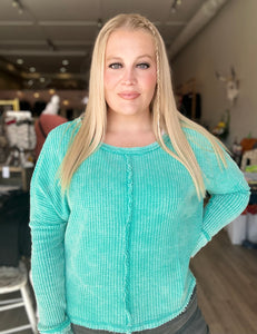 Turquoise Washed Waffle Long Sleeve