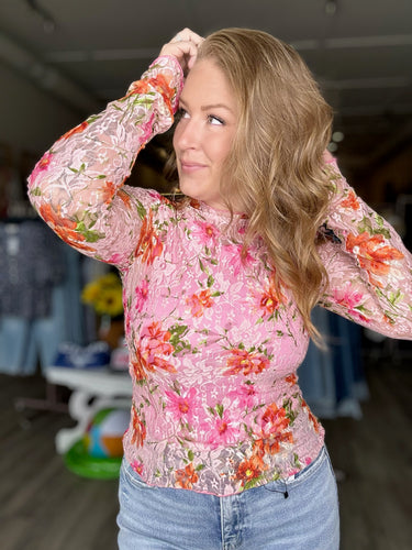 Pink Floral Mesh Long Sleeve Blouse