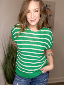 Green Knit Striped Short Sleeve Top