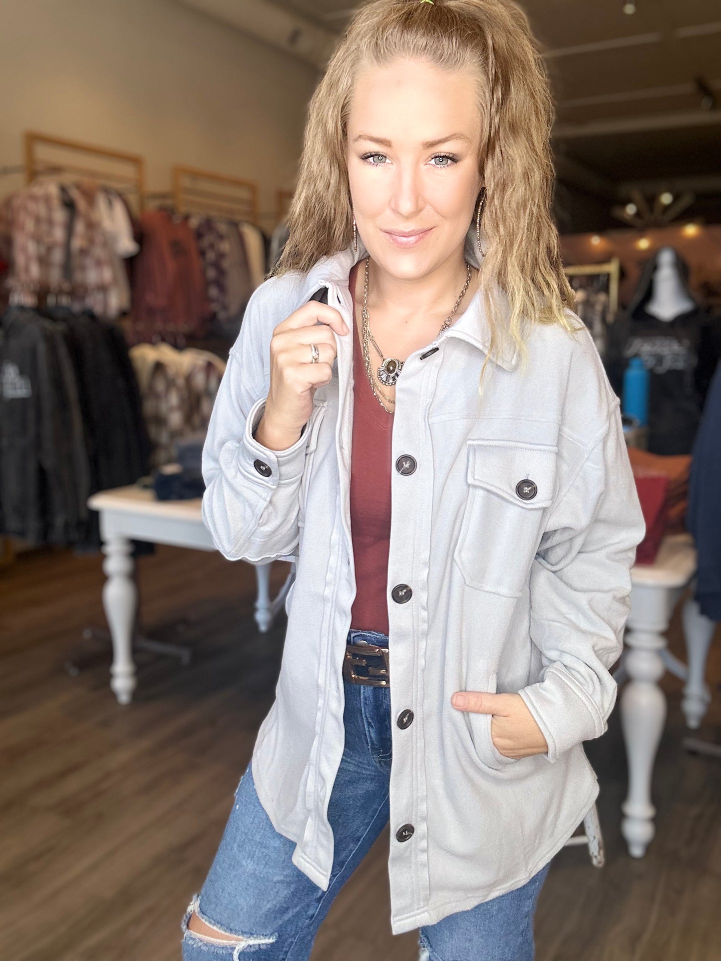Grey Oversized Fleece Shacket