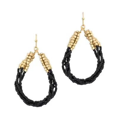 Black Beaded Gold Teardrop Earrings