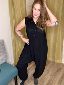 Black Buttoned Hooded JumpSuit