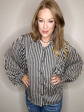 Load image into Gallery viewer, Black Stripe Bubble Sleeve Blouse