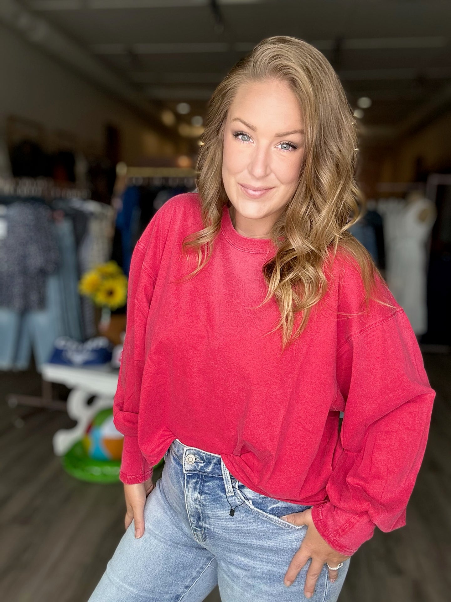 Red Cropped Long Sleeve Tee