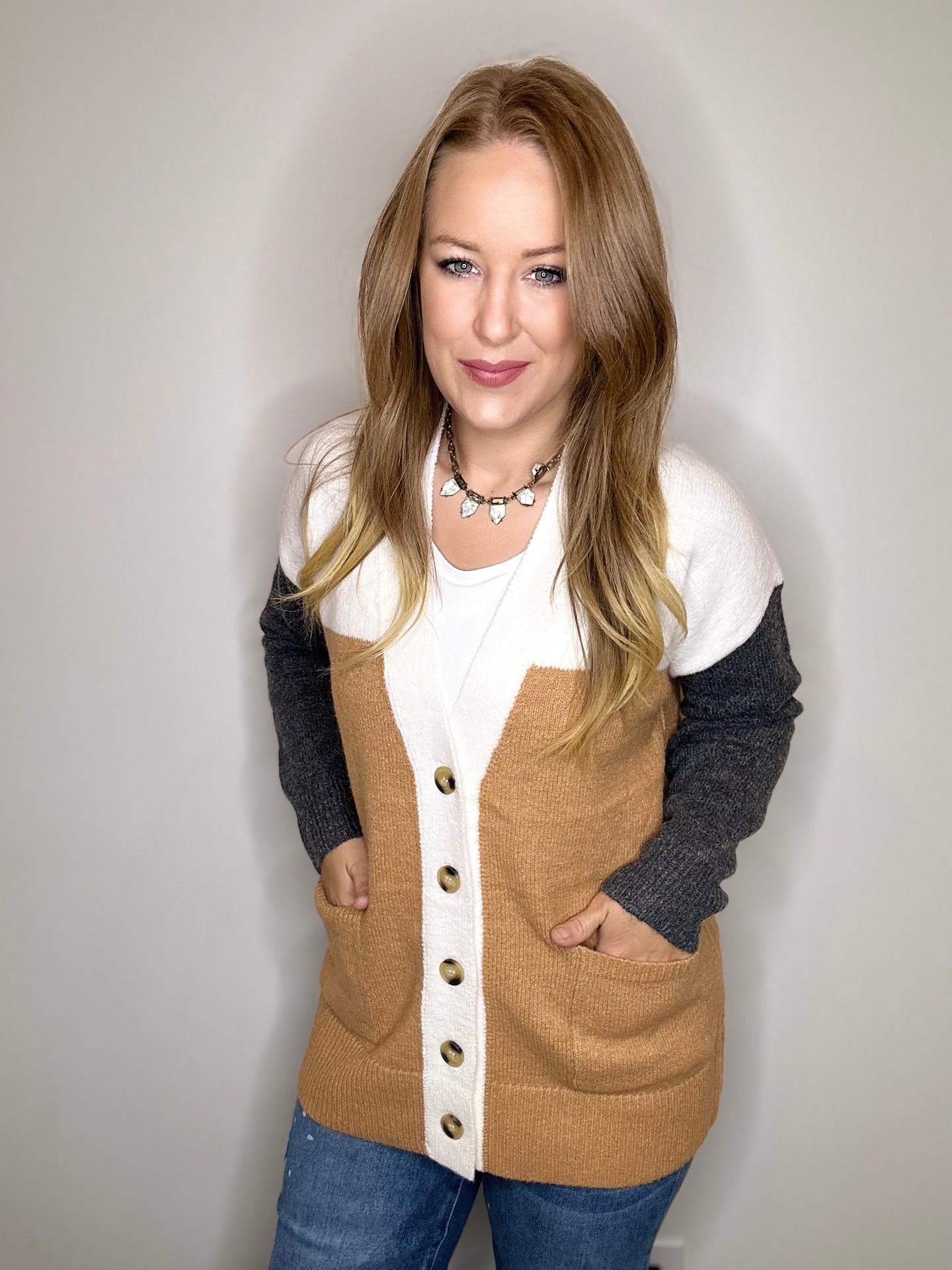 Camel Color Block Cardigan