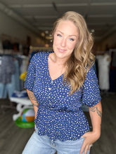 Load image into Gallery viewer, Blue Ivory Dot V Neck Blouse