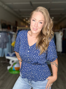 Blue Ivory Dot V Neck Blouse