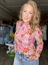 Load image into Gallery viewer, Pink Floral Mesh Long Sleeve Blouse