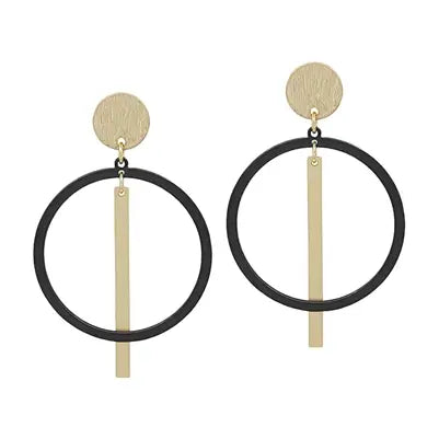 Black Circle Gold Bar Earrings
