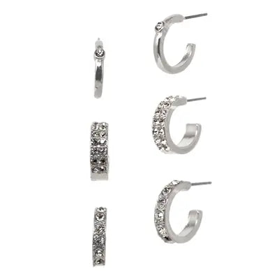 Silver Rhinestone Huggies Earring Trio