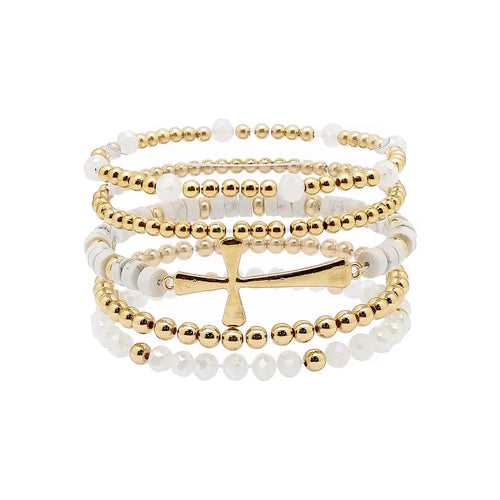 White Crystal, and Gold Cross Stretch Bracelet Set