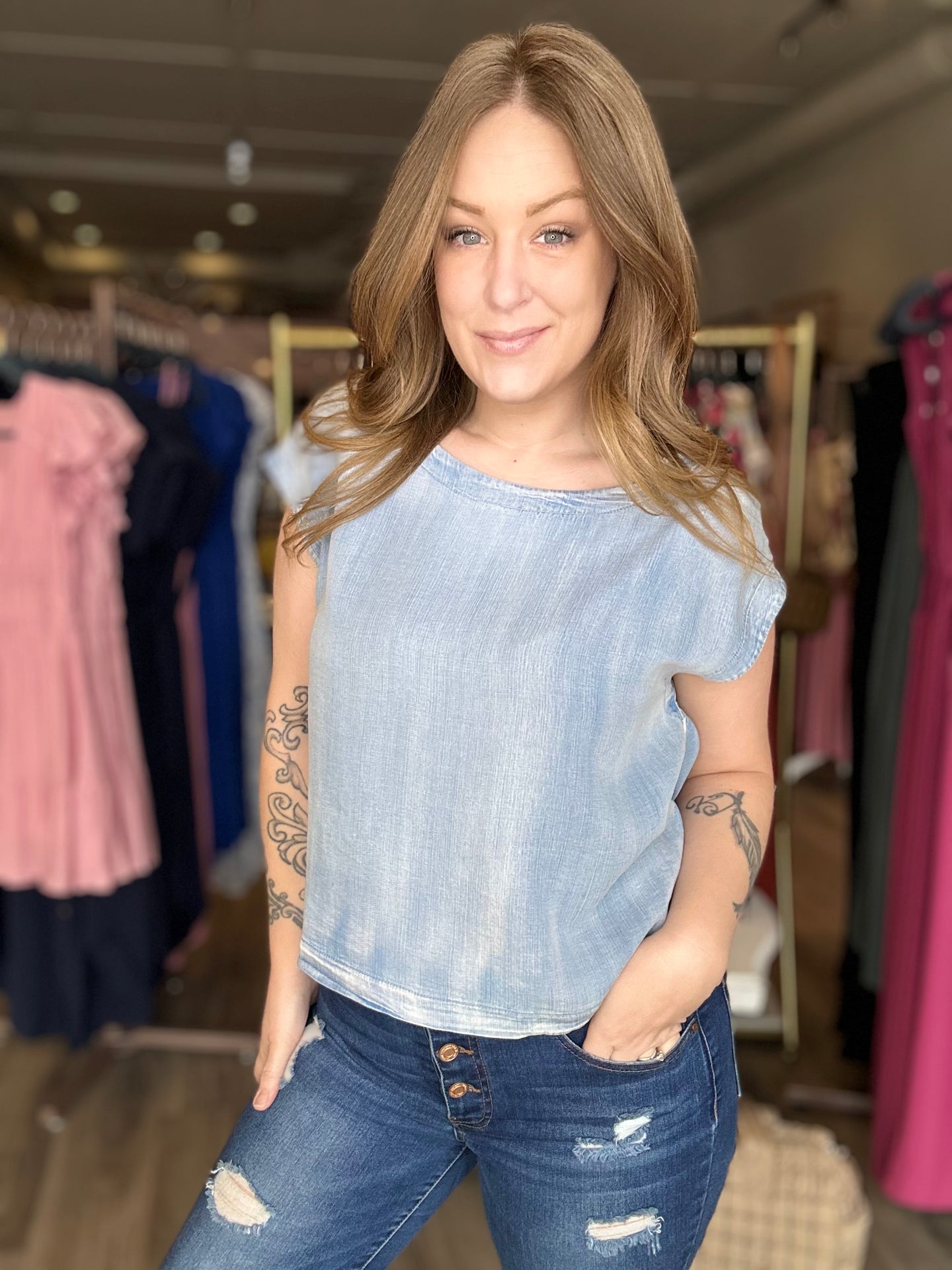 Denim Chambray Cap Sleeve Top