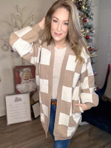 Tan Checker Sweater Cardigan