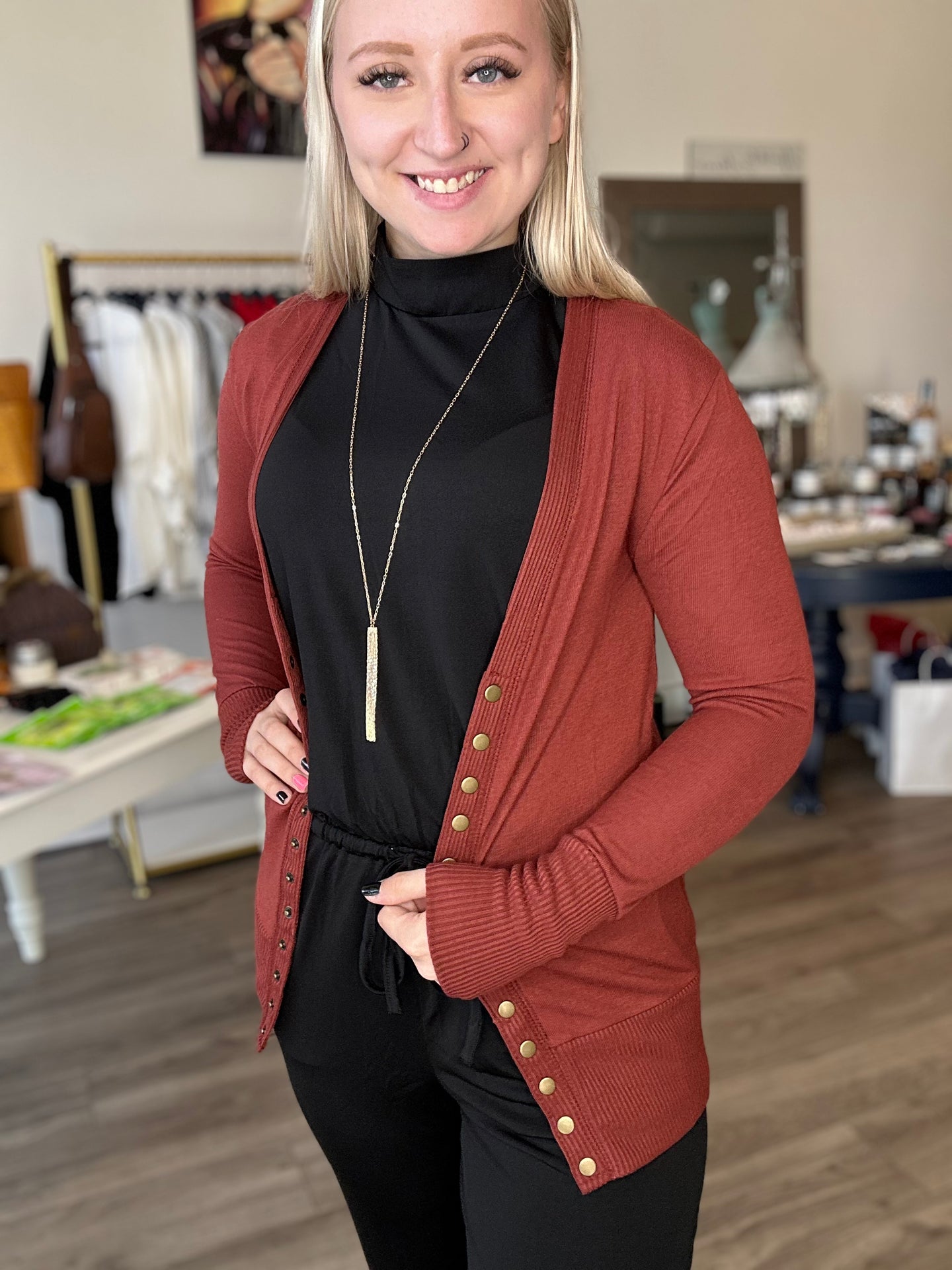 Rust Snap Button Cardigan