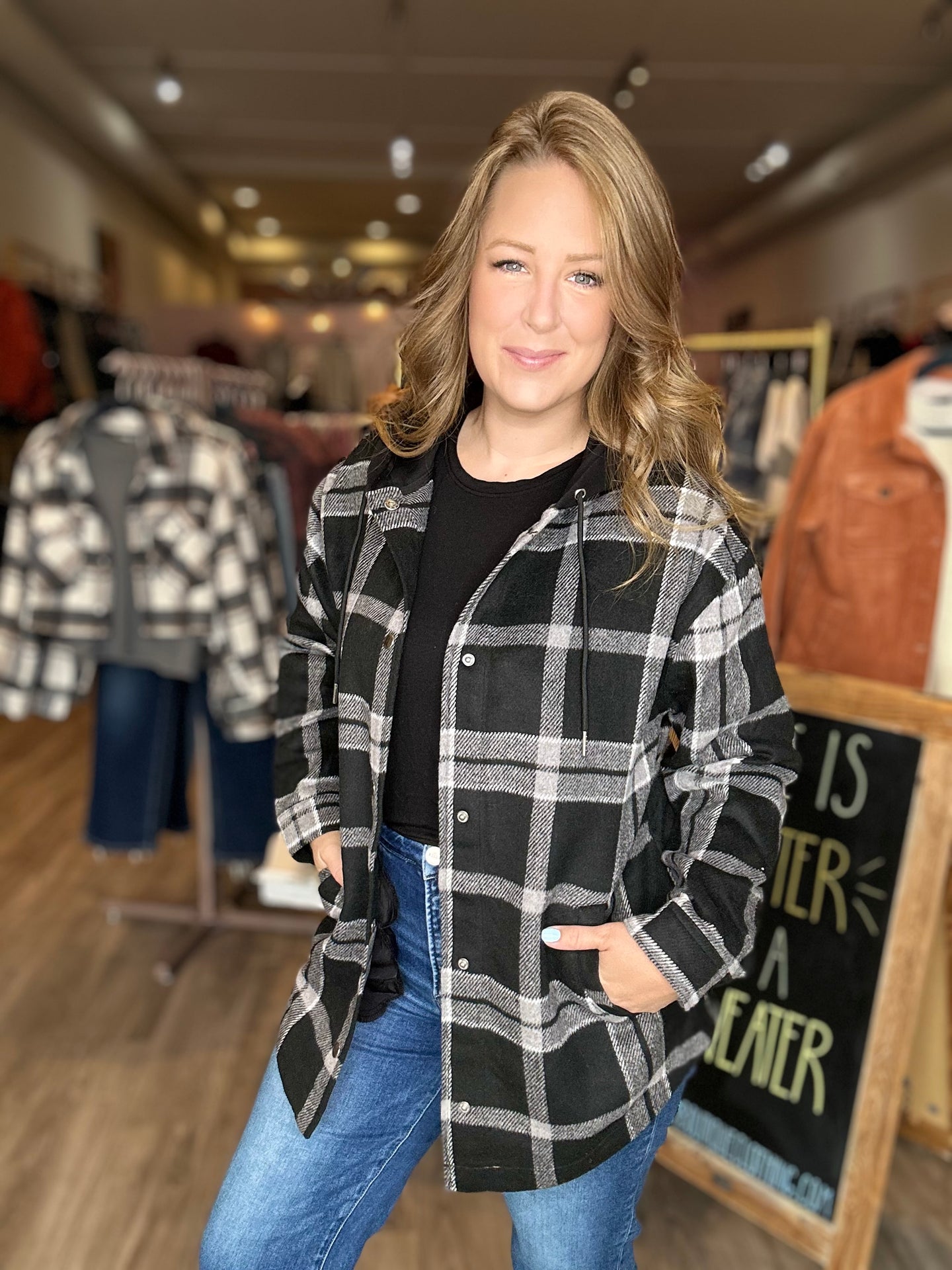 Black Plaid Hooded Jacket