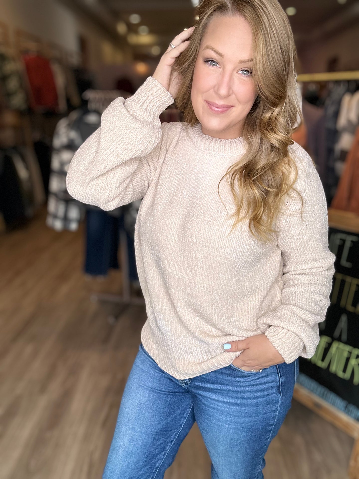 Beige Round Neck Chenille Sweater