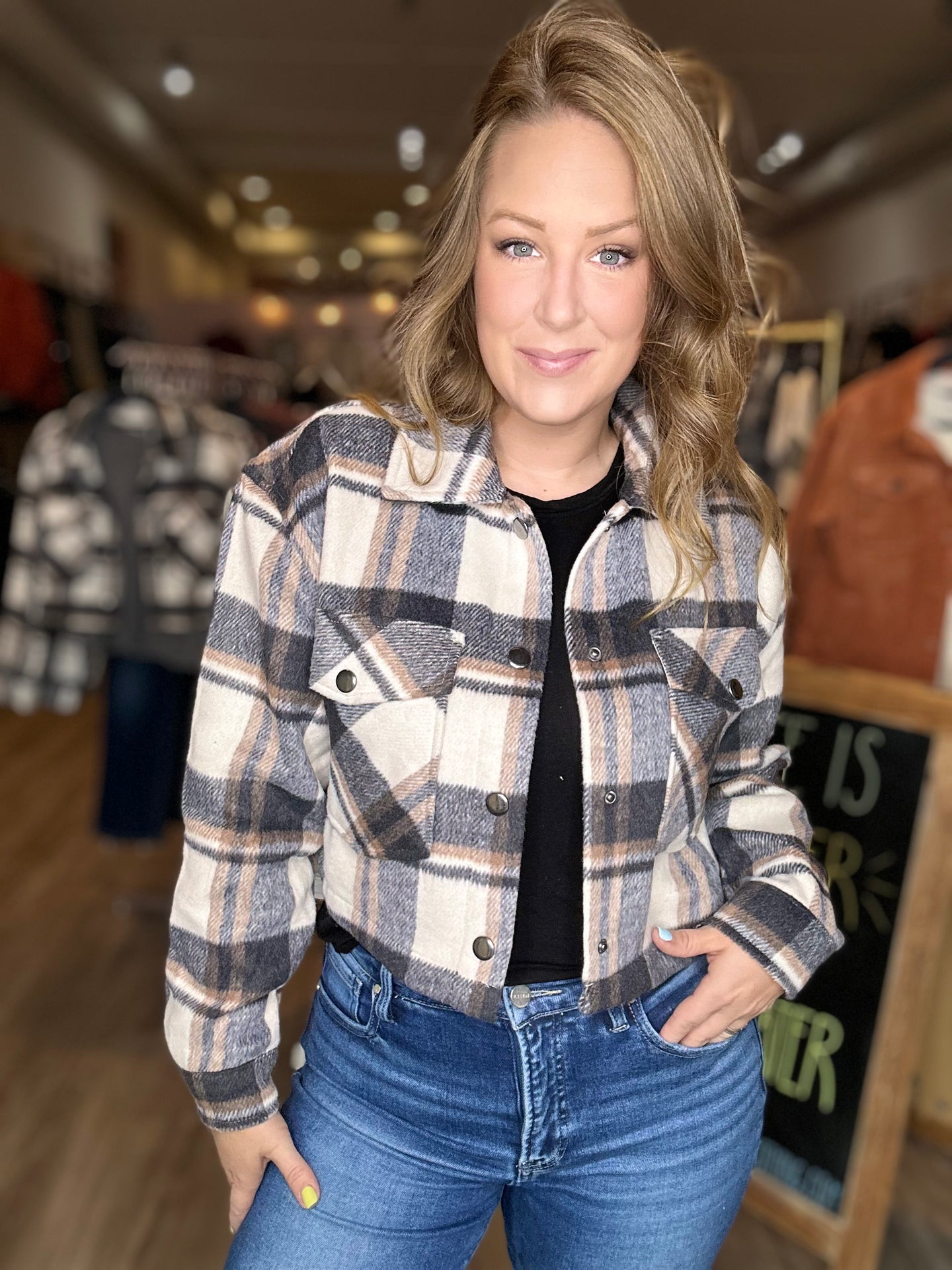 Charcoal Plaid Cropped Jacket
