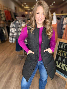 Black Hooded Long Puffer Vest
