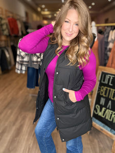 Black Hooded Long Puffer Vest
