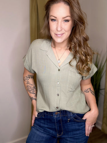 Sage Collared Button Up Top