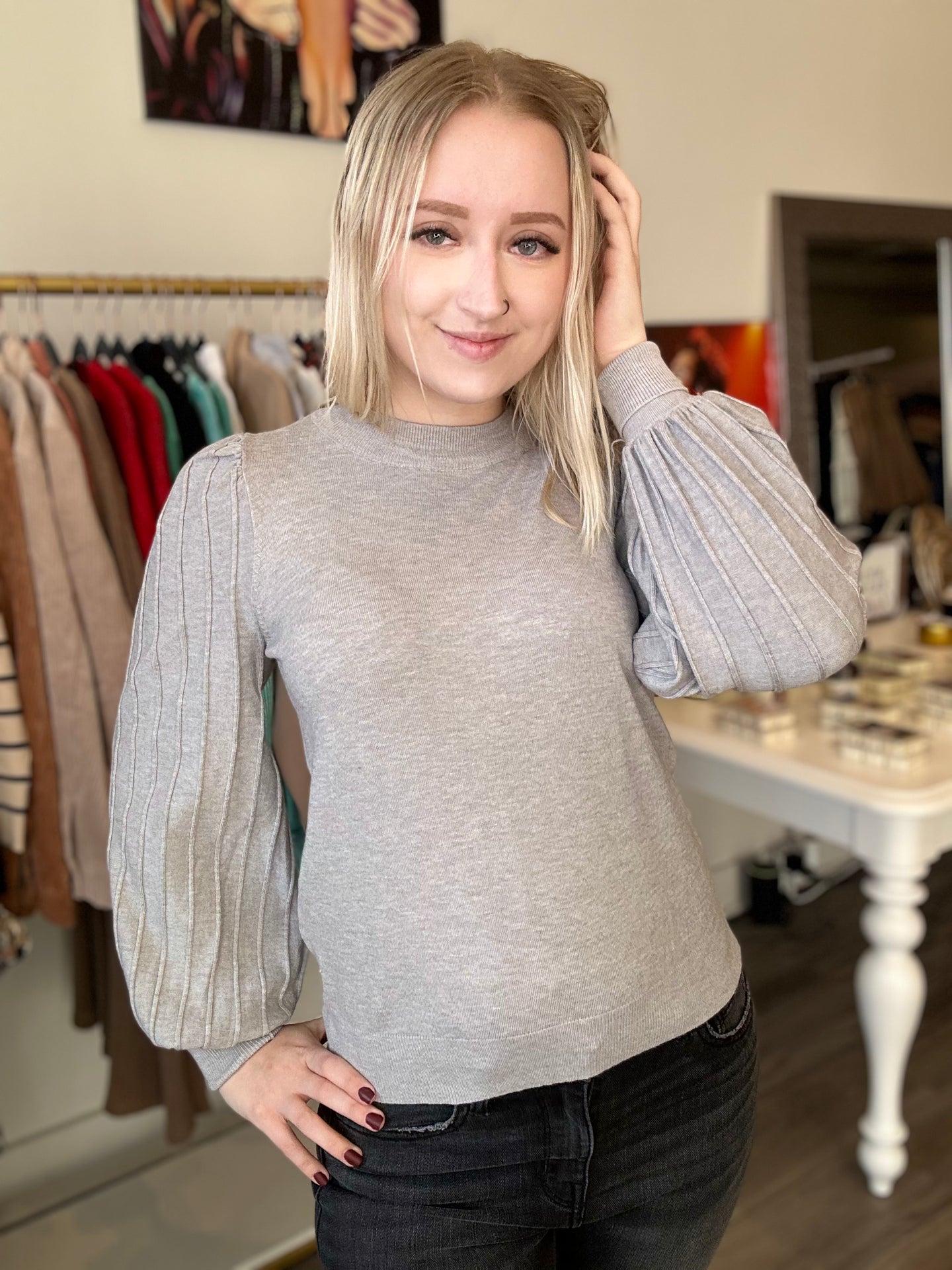 Heather Grey Pleated Puff Sleeve Sweater