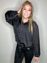 Load image into Gallery viewer, Black Silky Tie Front Long Sleeve