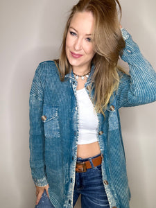 Teal Acid Wash Waffle Shacket