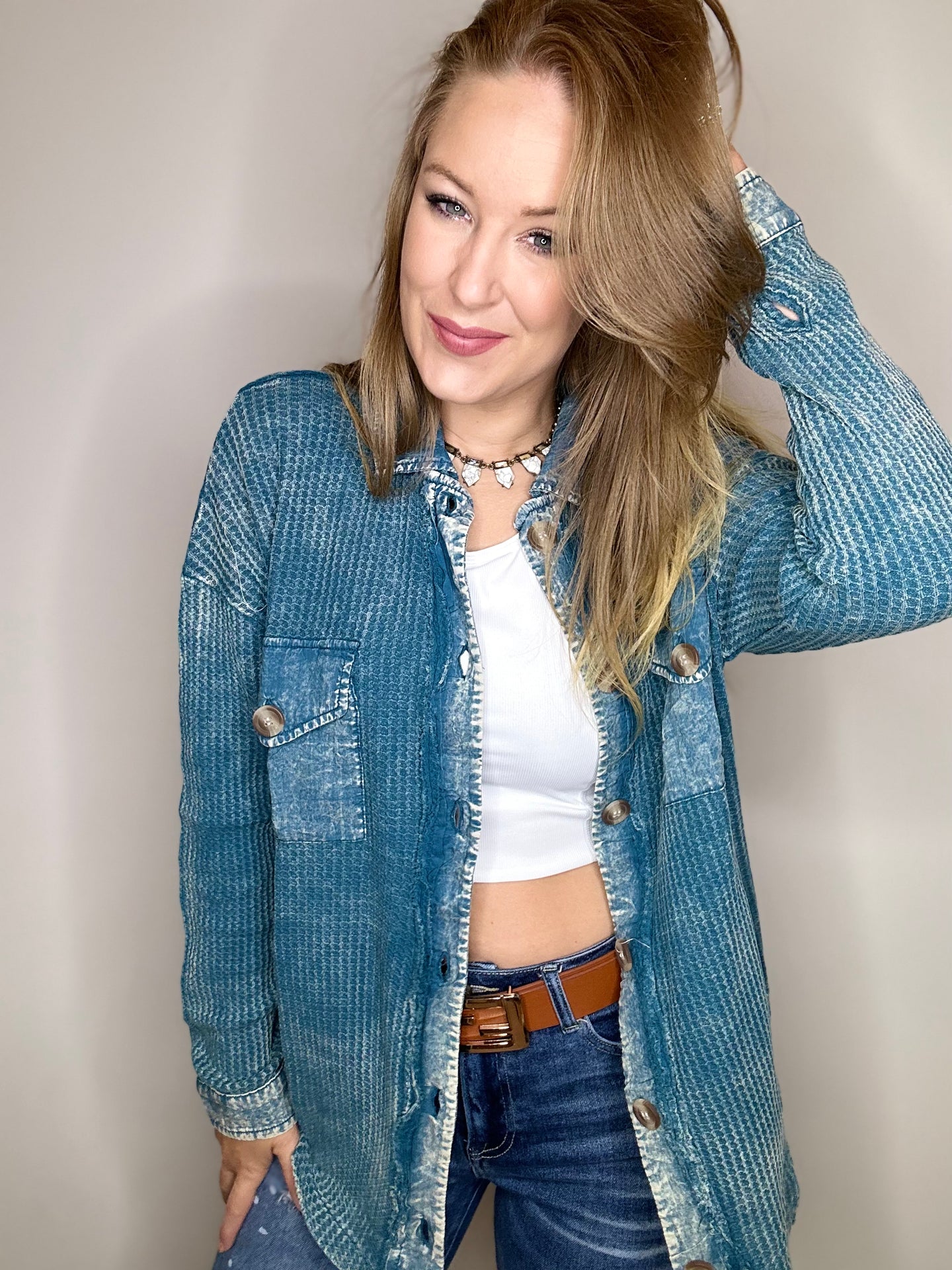 Teal Acid Wash Waffle Shacket