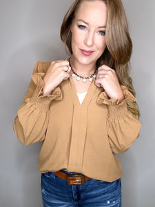 Camel Smocked Long Sleeve Top