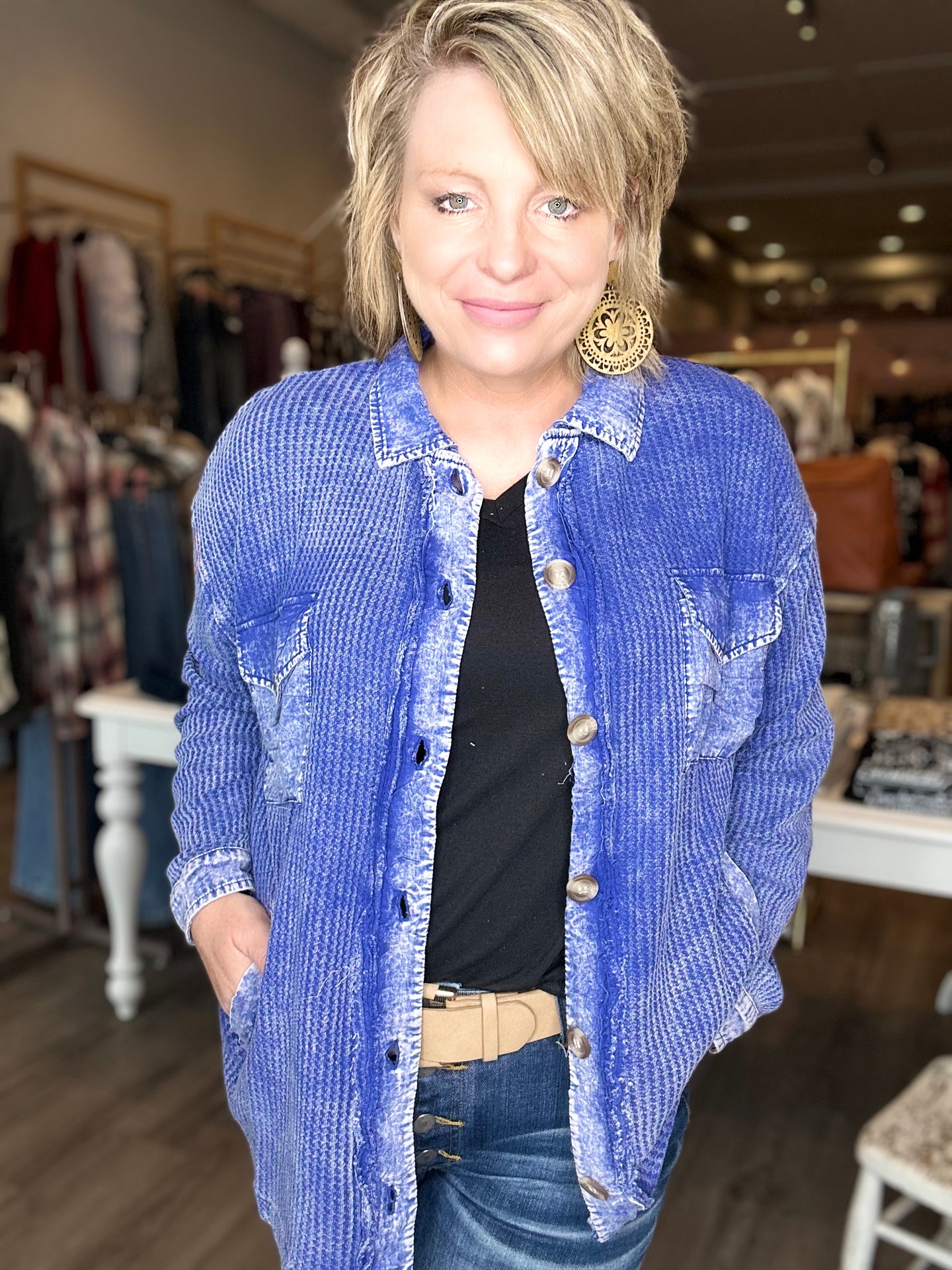 Blue Acid Wash Waffle Shacket