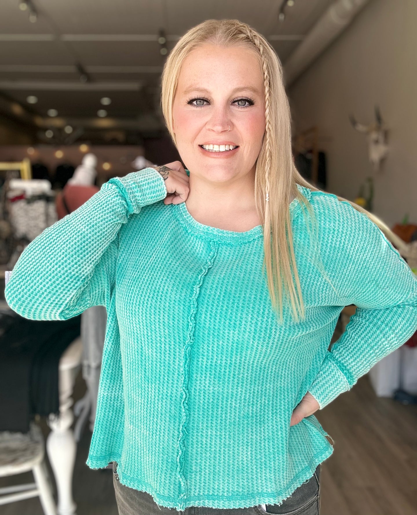 Turquoise Washed Waffle Long Sleeve