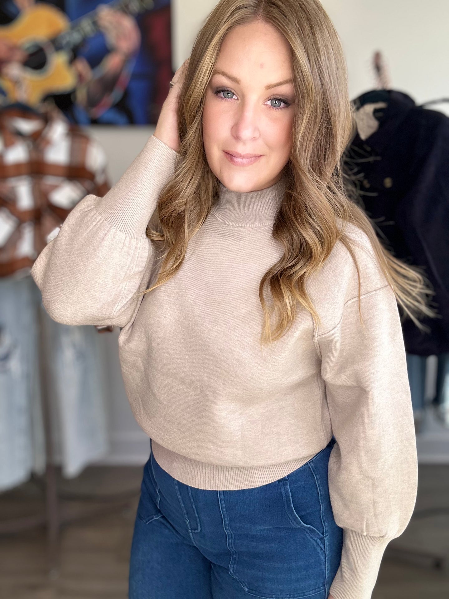 Beige Mock Neck Seam Sweater
