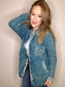 Teal Acid Wash Waffle Shacket