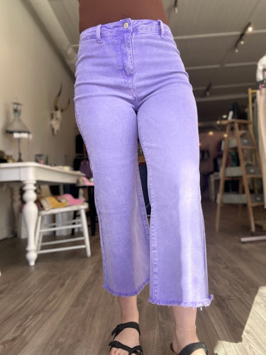 Lavender Washed Frayed Wide Leg Jeans