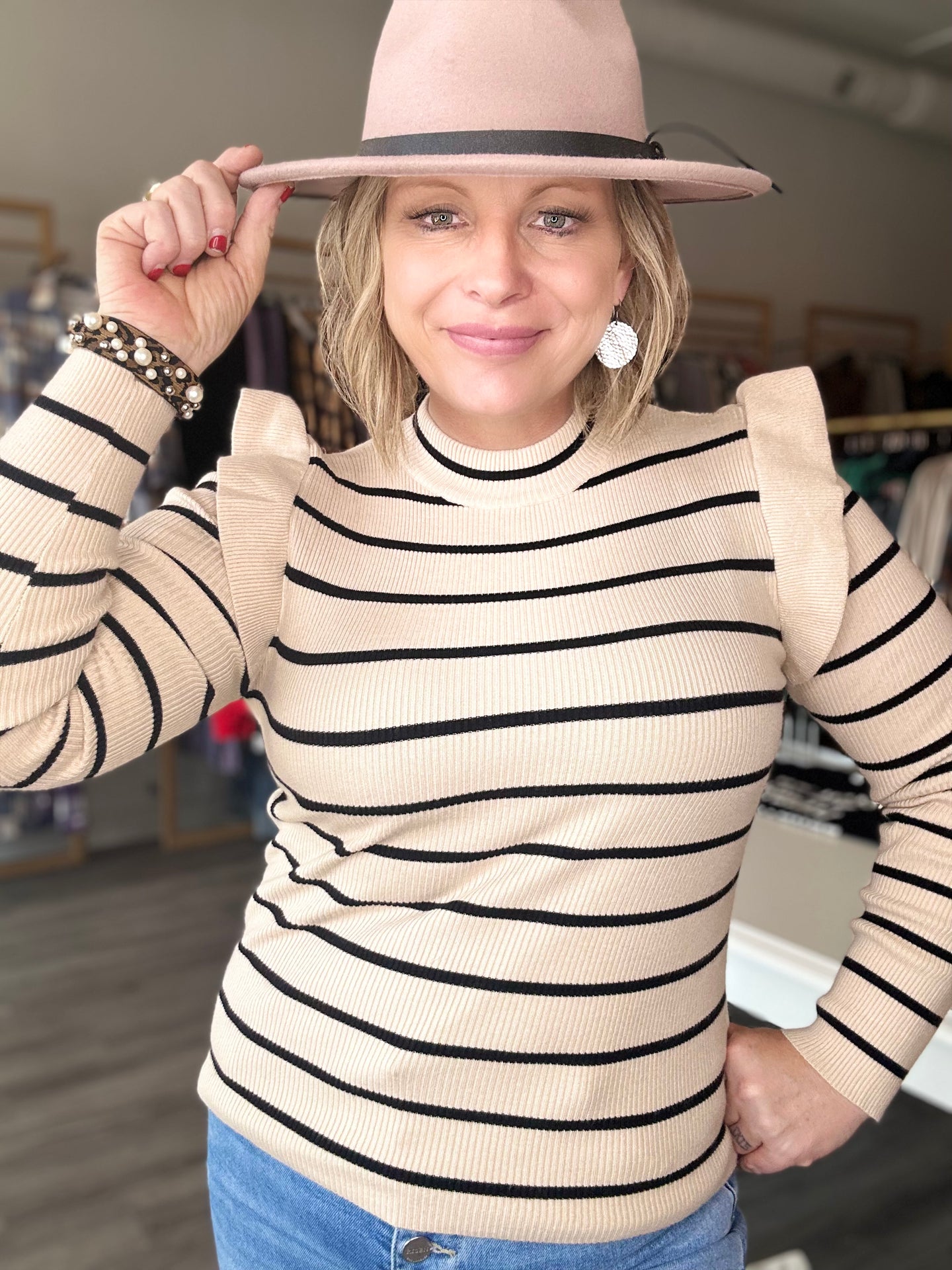 Beige Striped Long Sleeve Sweater