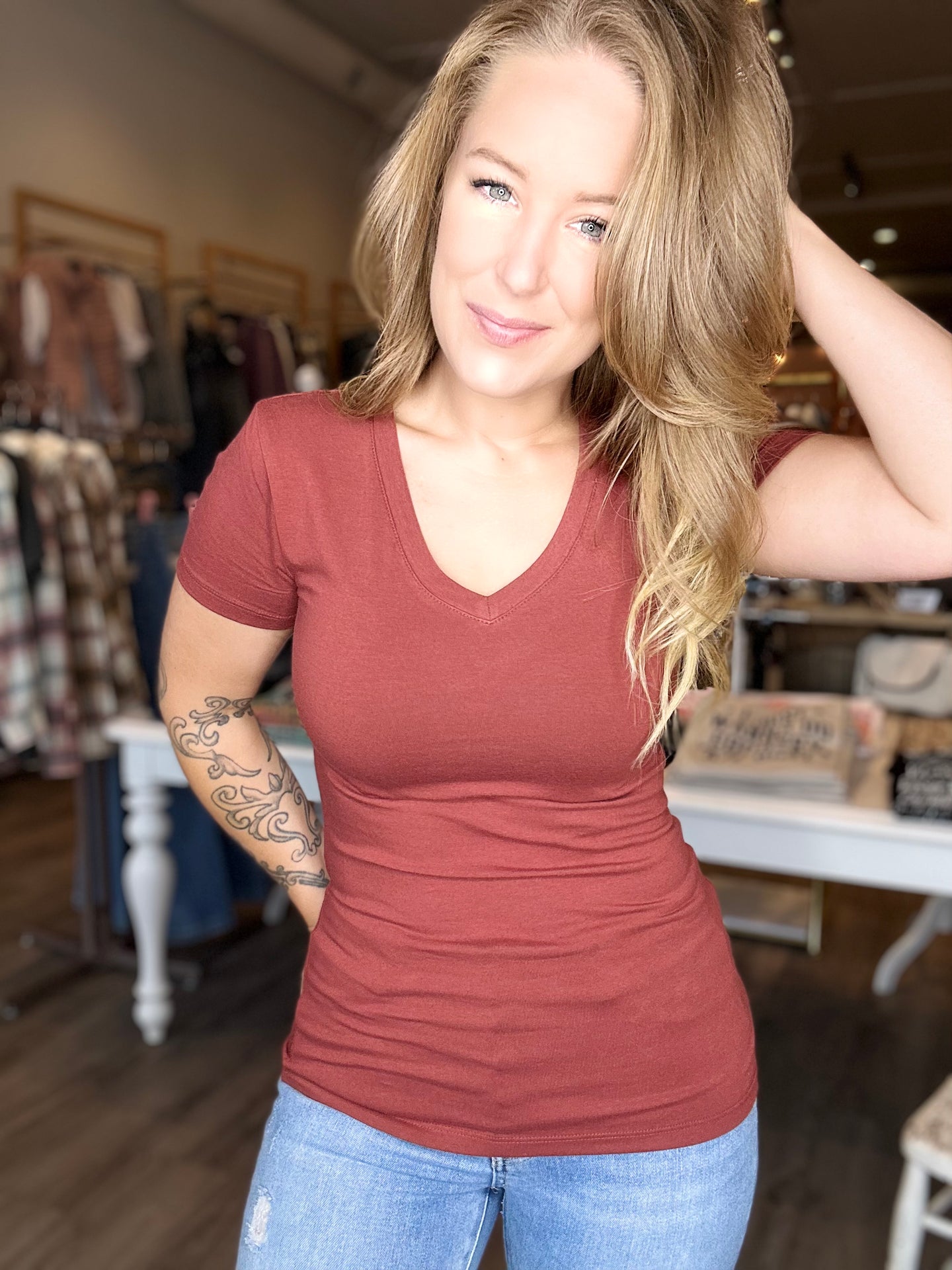 Rust V Neck Short Sleeve Top