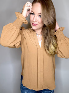 Camel Smocked Long Sleeve Top
