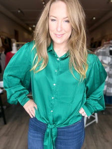 Emerald Silky Tie Front Long Sleeve