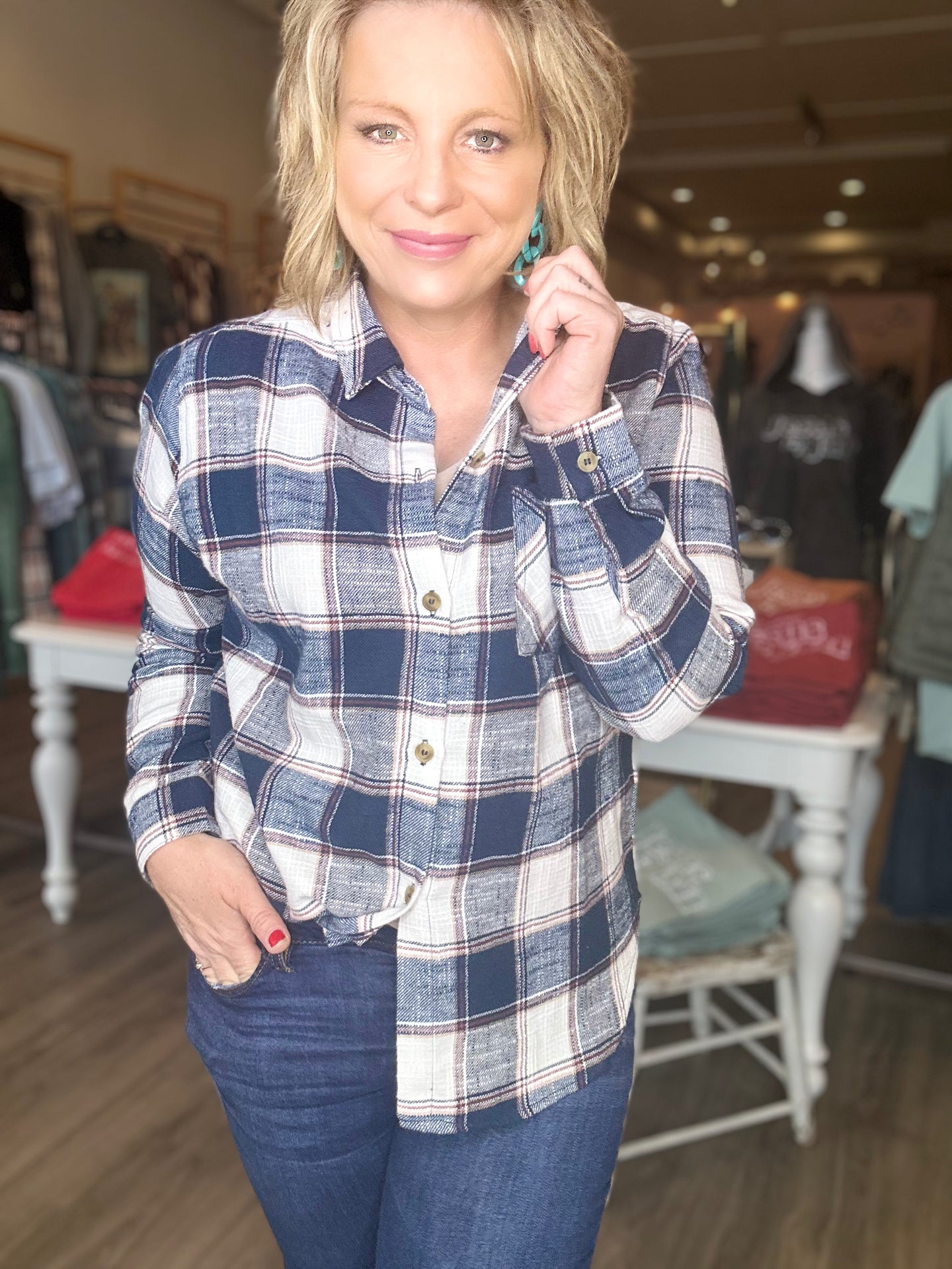 Navy Plaid Button Down Long Sleeve