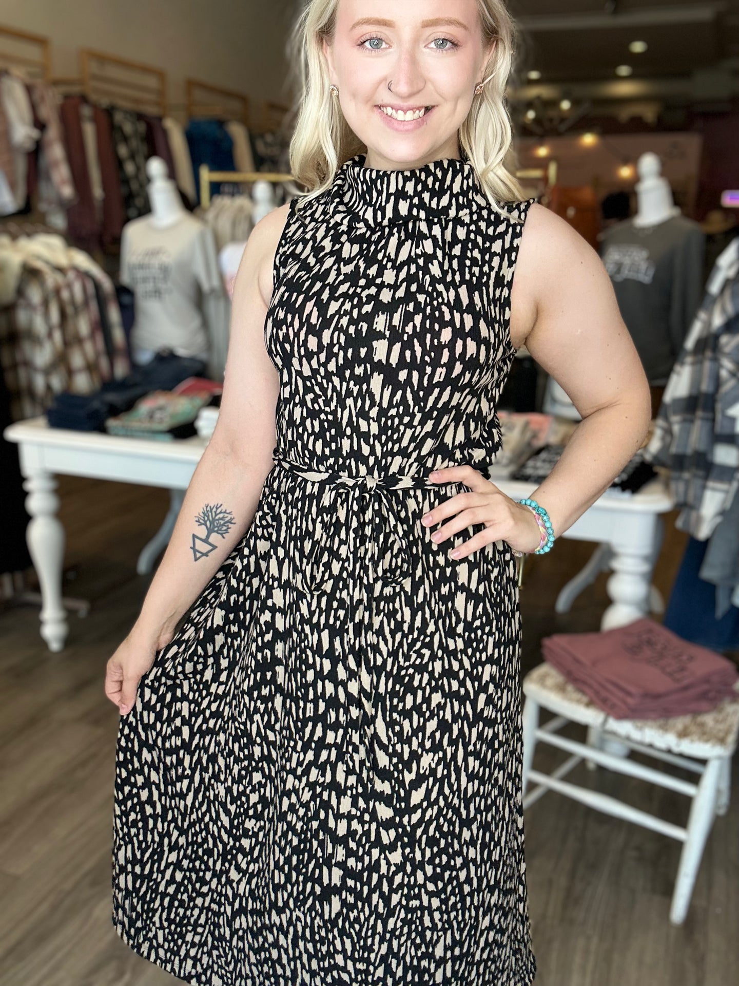 Black Taupe Printed Midi Dress