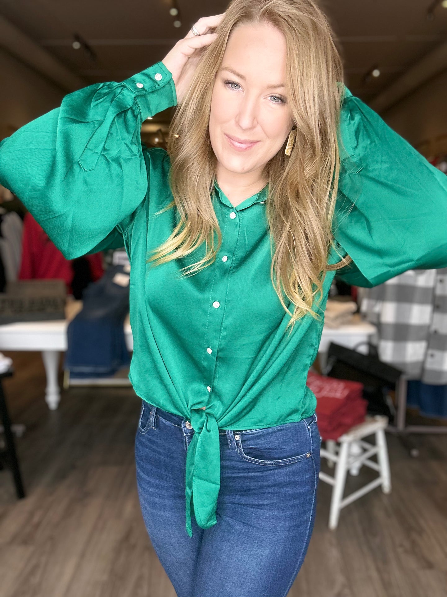 Emerald Silky Tie Front Long Sleeve