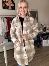 Load image into Gallery viewer, Tan Plaid Midi Button Up Shacket