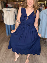 Load image into Gallery viewer, Navy Eyelet Hem Midi Dress