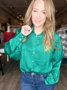 Emerald Silky Tie Front Long Sleeve