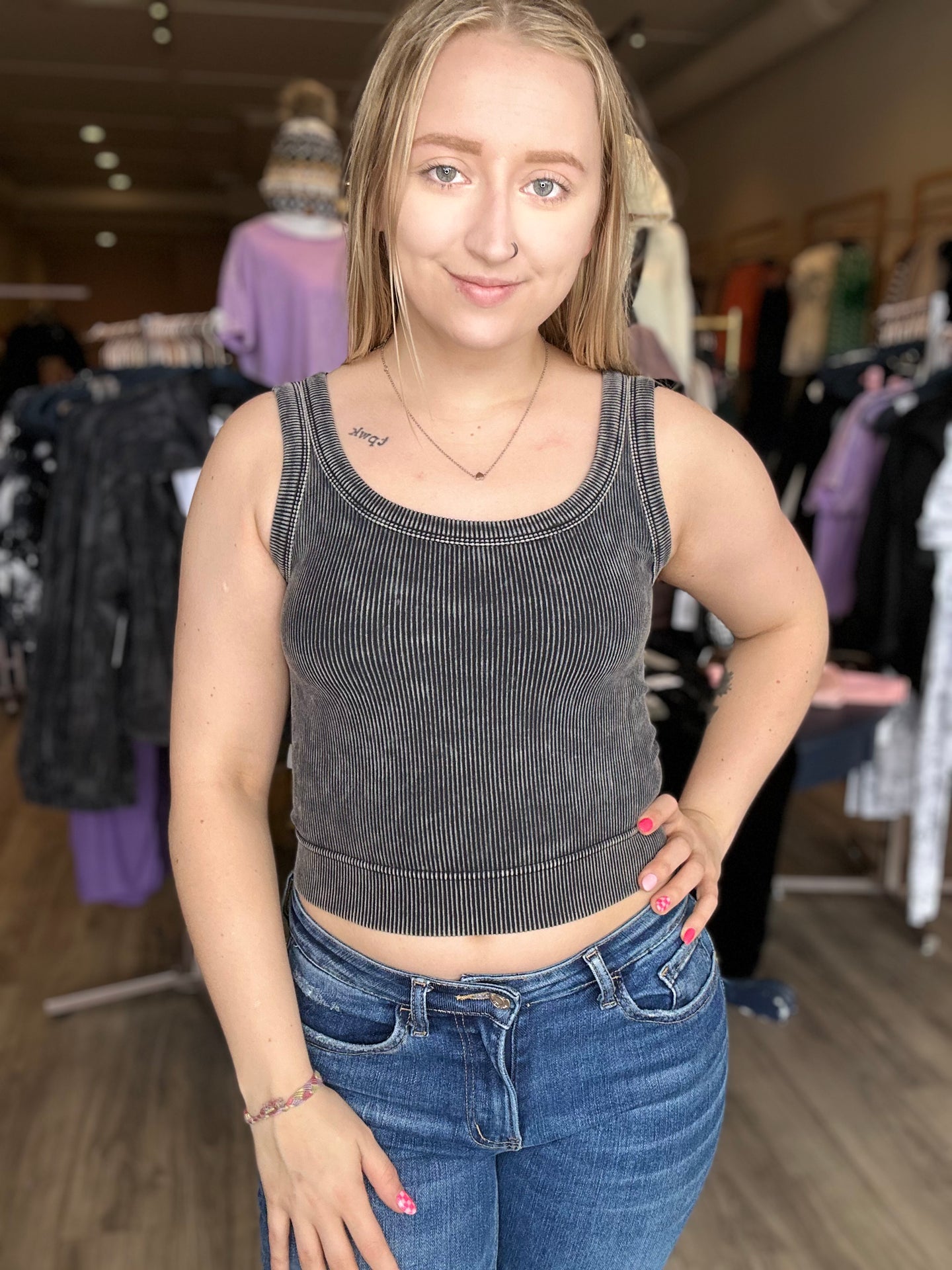 Scoop Neck Washed Ribbed Crop Tops