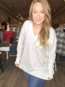 White Deep V Ribbed Sweater