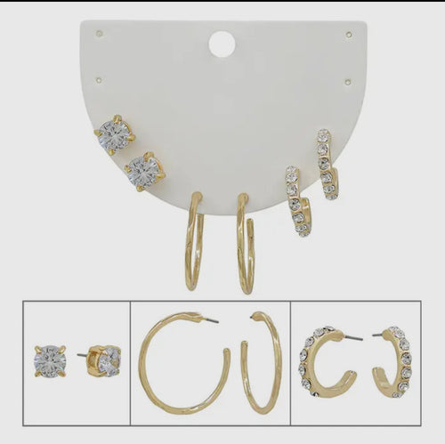 Set of 3 Clear Crystal Stud and Hoop Earrings