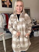 Load image into Gallery viewer, Tan Plaid Midi Button Up Shacket