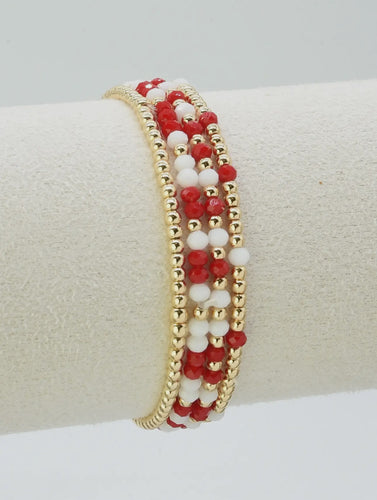 Red and White Glass Bead and Gold Stretch Bracelets